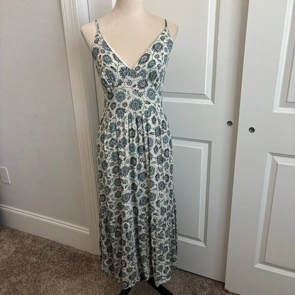 Japna Floral Midi Dress Large 100% Viscose Blue Cream Boho Block Print V-Neck L - Picture 3 of 11
